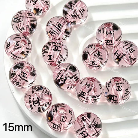 15mm designer glossy transparent CC pink printed round acrylic beads for DIY beadable pens and jewelry crafts