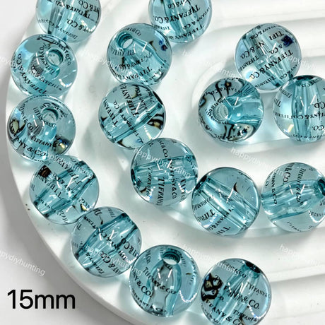 15mm designer glossy transparent Tiff*ny printed round acrylic beads for DIY beadable pens and jewelry crafts