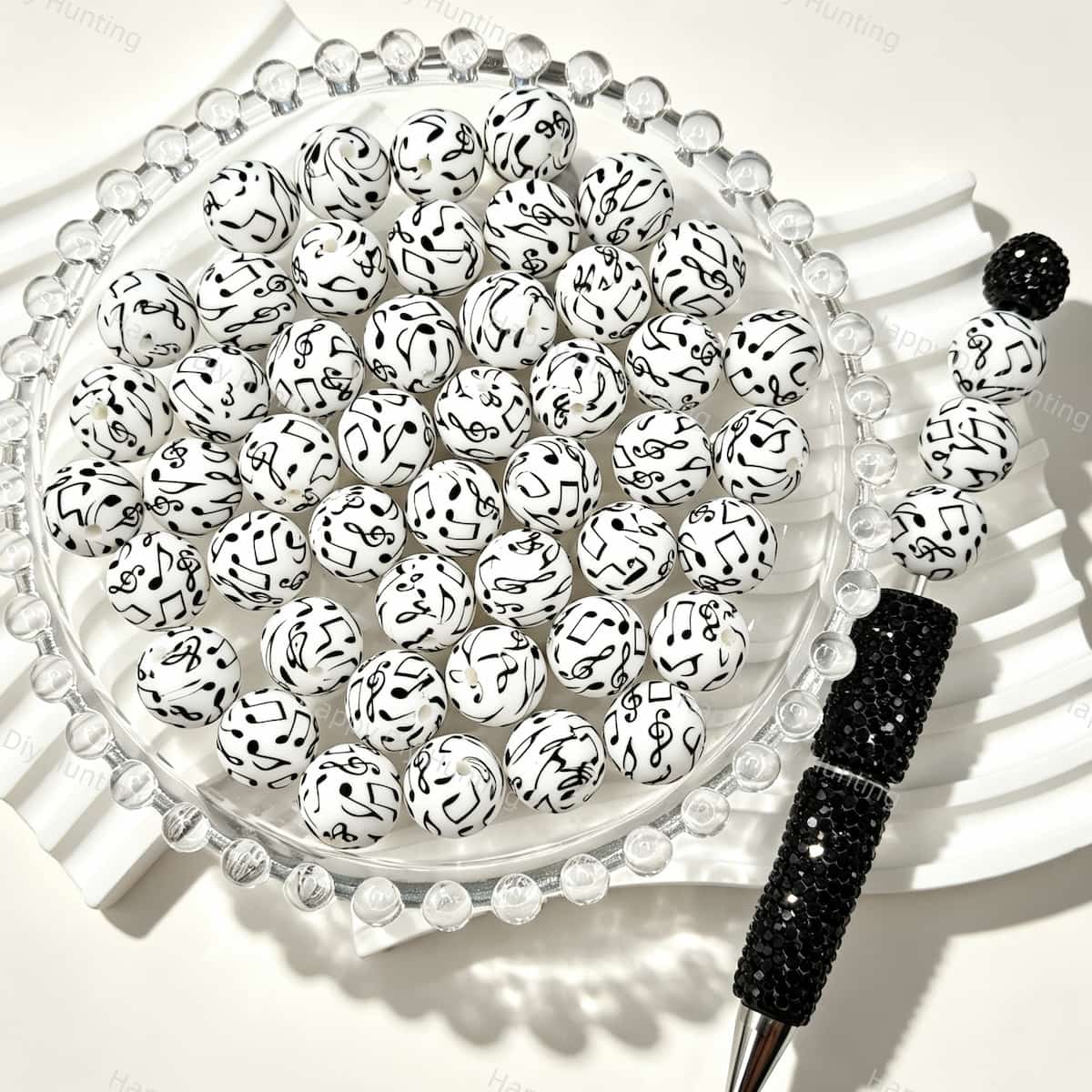 15mm Round Music Note Print Silicone Beads for custom beadable pen handmade DIY craft projects