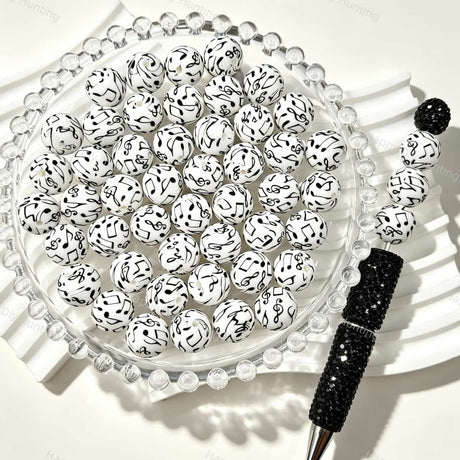 15mm Round Music Note Print Silicone Beads for custom beadable pen handmade DIY craft projects