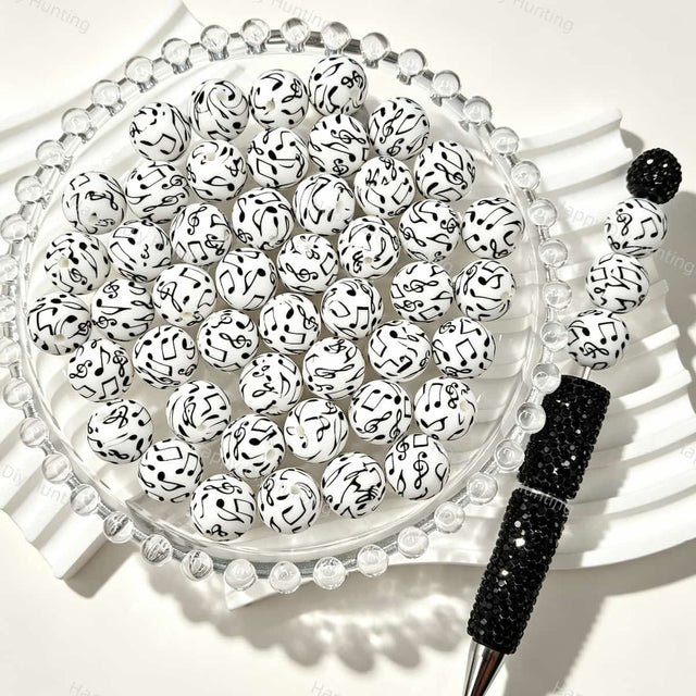 15mm Round Music Note Print Silicone Beads for custom beadable pen handmade DIY craft projects