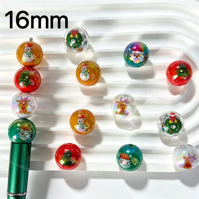 16mm Christmas print round acrylic focal beads for DIY beadable pens holiday craft supplies