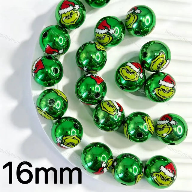 16mm shiny green holiday character print round acrylic beads for DIY beadable pens christmas crafts