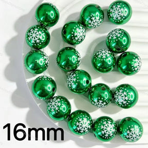 16mm shiny green white snowflake print round acrylic beads for DIY beadable pens christmas crafts
