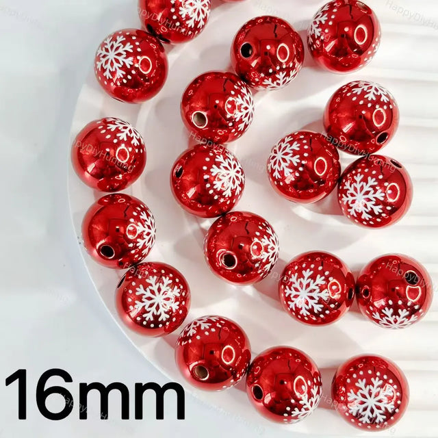 16mm shiny red white snowflake print round acrylic beads for DIY beadable pens christmas crafts