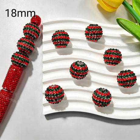 18mm round rhinestone beads featuring a classic red and green Christmas color design. Shiny, durable, and festive, perfect for beadable pens, keychains, and handmade holiday crafts.