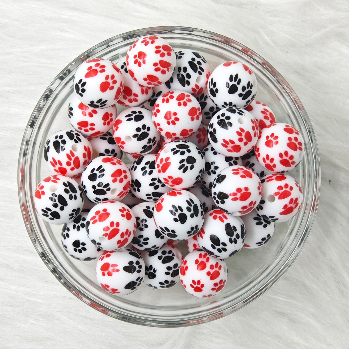 15mm Black and Red Dog Paw Printed Silicone Beads