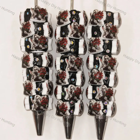 Halloween Screaming Ghost Holding Red Rose Printed Rhinestone Beadable Pens, Gothic Spooky DIY Handmade Craft Bead Pens Wholesale