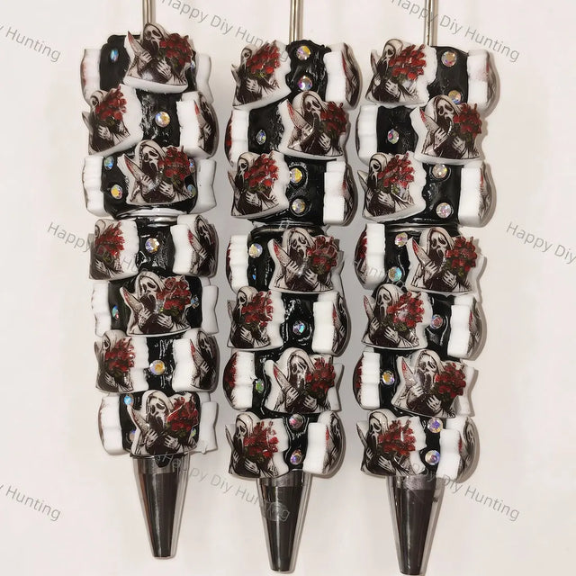 Halloween Screaming Ghost Holding Red Rose Printed Rhinestone Beadable Pens, Gothic Spooky DIY Handmade Craft Bead Pens Wholesale