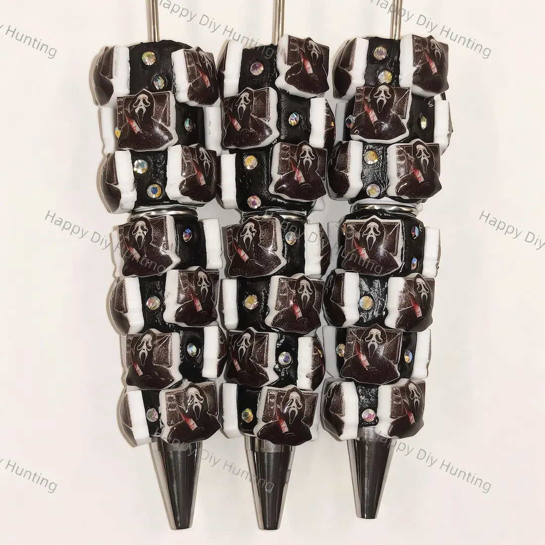 Halloween Hooded Ghost Face Graphic Printed Rhinestone Beadable Pens, Spooky Goth DIY Handmade Craft Bead Pens Wholesale
