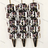 Gothic Purple Bow Skull Printed Rhinestone Beadable Pens, Dark Spooky DIY Handmade Craft Bead Pens Wholesale