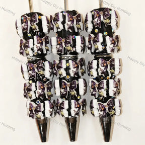 Gothic Purple Bow Skull Printed Rhinestone Beadable Pens, Dark Spooky DIY Handmade Craft Bead Pens Wholesale