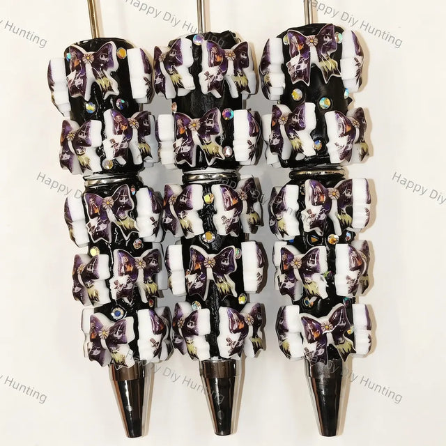 Gothic Purple Bow Skull Printed Rhinestone Beadable Pens, Dark Spooky DIY Handmade Craft Bead Pens Wholesale