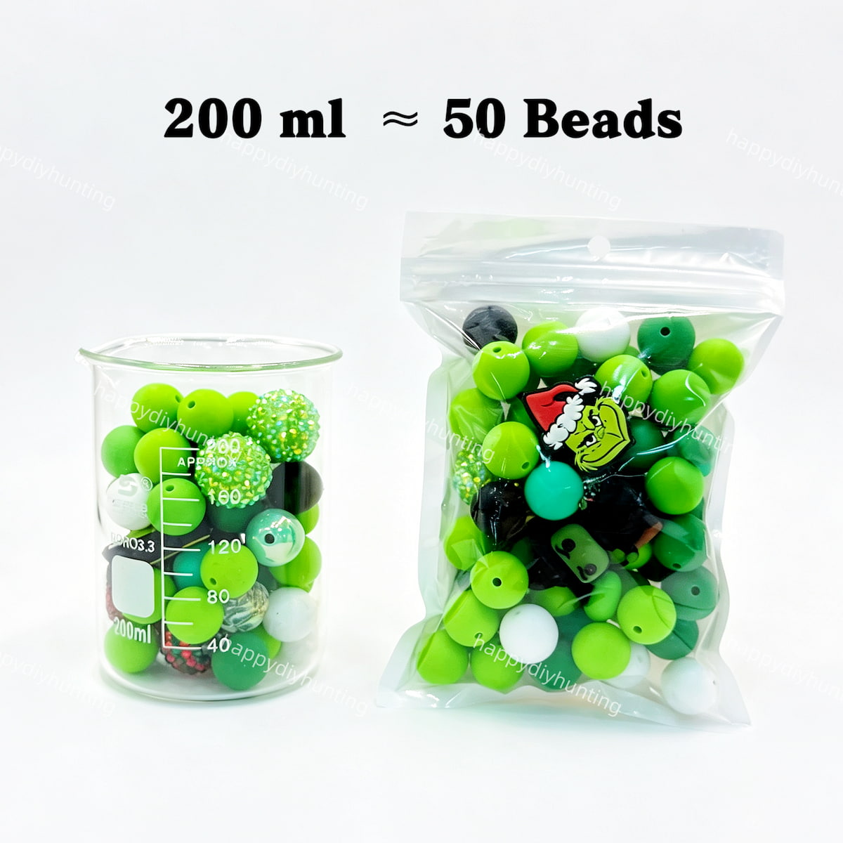 200ml Christmas Green Silicone & Acrylic bead mix, mixed christmas focal beads for diy keychain crafts