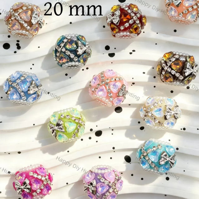 20mm hand‑embellished round focal beads heart‑cut AB rhinestone silver metal bow faux pearl edge large hole beadable pen craft wholesale