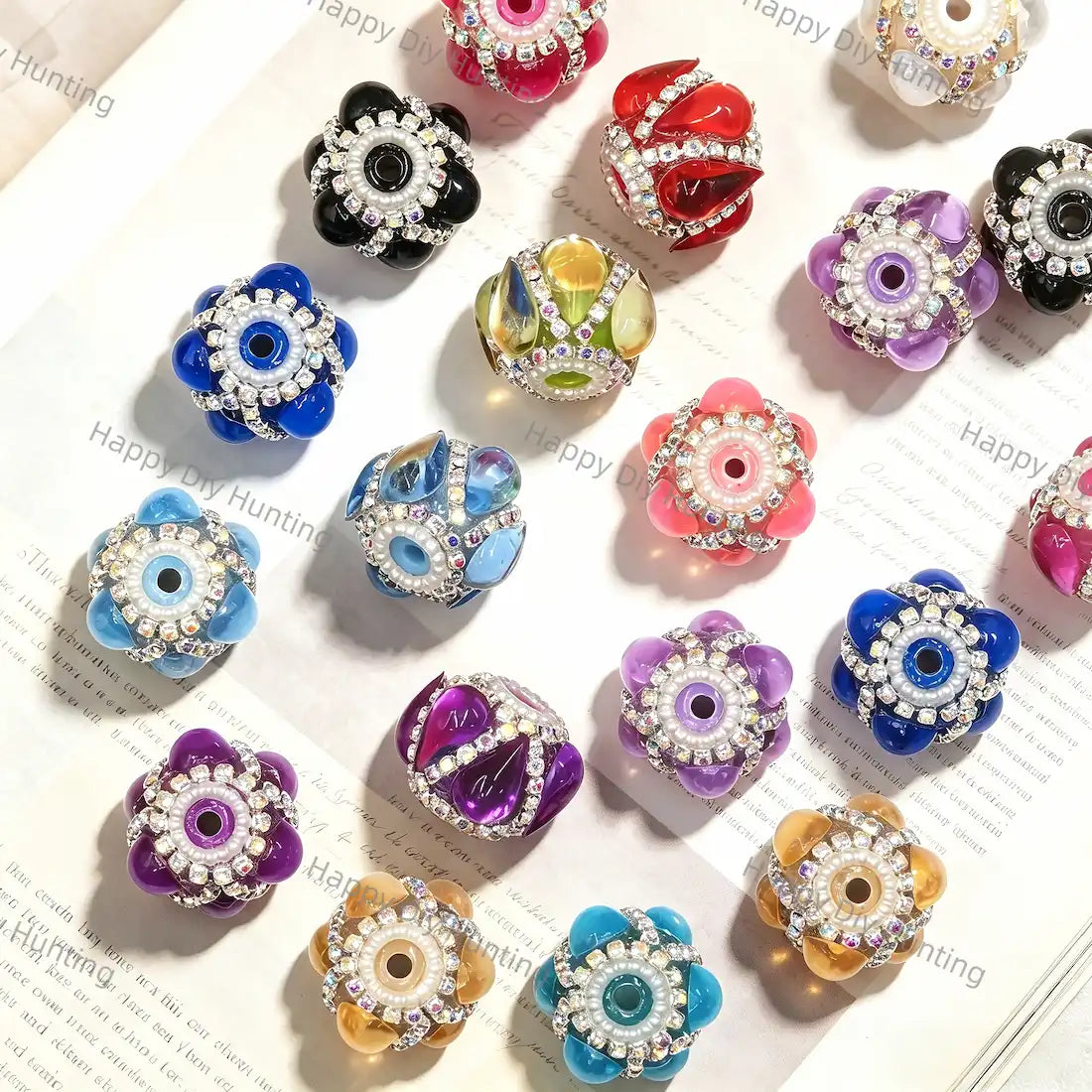 20mm layered petal flower focal beads with clear rhinestone ring and faux pearl trim large hole beads for beadable pen diy wholesale