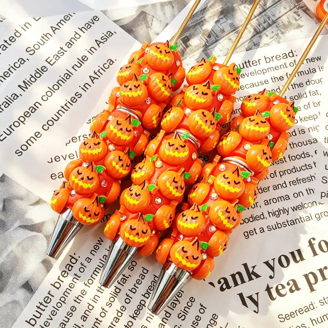 Orange Jack‑o‑Lantern Pumpkin Graphic Decor Beadable Pens Wholesale, Matches All Focal Beads & Pen Toppers
