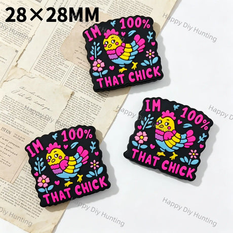 28x28mm Square Colorful Chicken Printed Silicone Focal Beads For DIY Beadable Pens