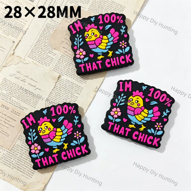 28x28mm Square Colorful Chicken Printed Silicone Focal Beads For DIY Beadable Pens