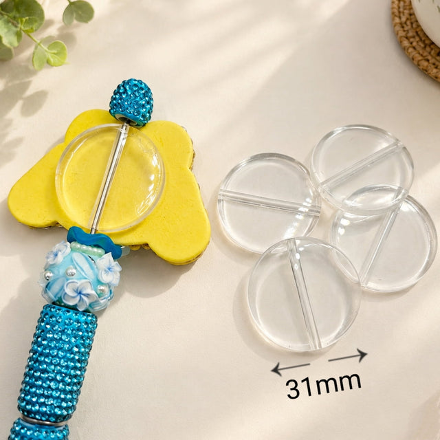 31mm round clear acrylic flat back connectors designed for attaching flat back charms to beadable pens and crafts. Sturdy, transparent, and easy to use with glue, perfect for DIY pen toppers and handmade decorations.