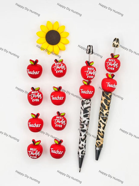 3D Apple-Shaped Best Teacher Ever Silicone Focal Beads Wholesale, silicone focal beads for pens