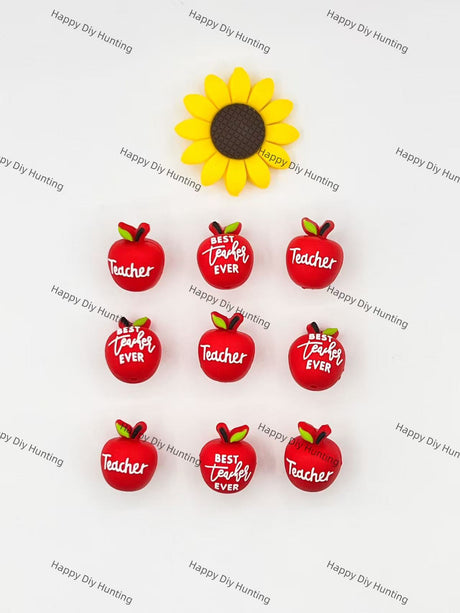 3D Apple-Shaped Best Teacher Ever Silicone Focal Beads Wholesale, silicone focal beads for pens