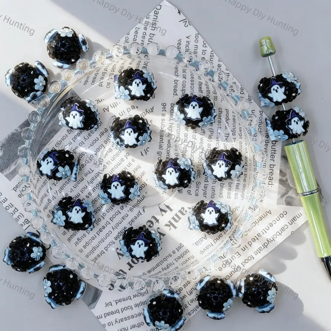 3D black crystal‑encrusted witch hat ghost round rhinestone beads, large hole halloween craft beads for handmade DIY beadable pen projects