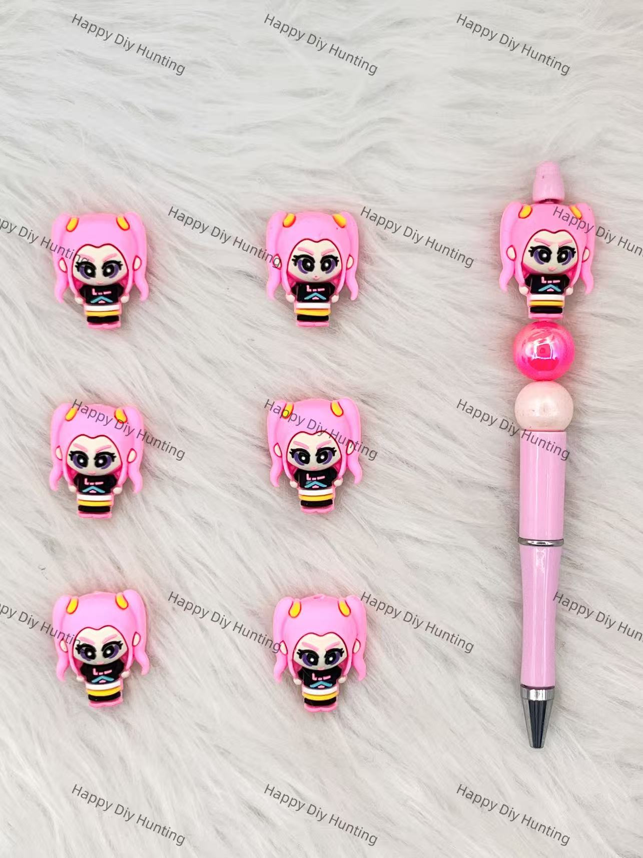 3D Pink Kpop Girl Silicone Focal Beads Wholesale, silicone focal beads for pens