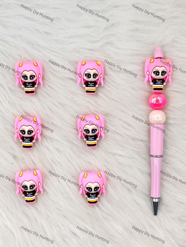 3D Pink Kpop Girl Silicone Focal Beads Wholesale, silicone focal beads for pens