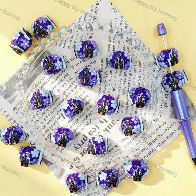 3D purple crystal‑encrusted haunted house round rhinestone beads, large hole halloween craft beads for handmade DIY beadable pen projects