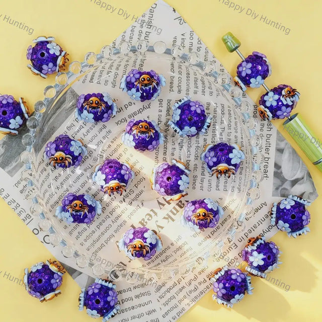 3D purple crystal‑encrusted spider round rhinestone beads, large hole halloween craft beads for handmade DIY beadable pen projects