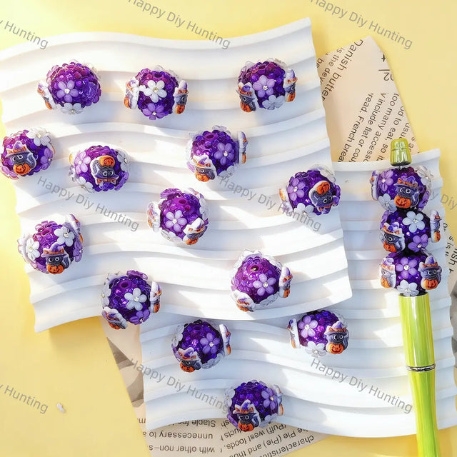 3D purple crystal‑encrusted witch cat round rhinestone beads, large hole halloween craft beads for handmade DIY beadable pen projects