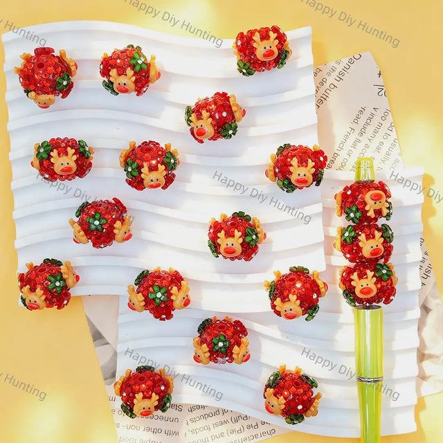 3D red crystal‑encrusted reindeer rhinestone beads, large hole christmas holiday craft beads for handmade DIY beadable pen projects