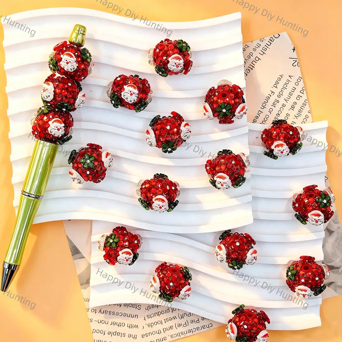 3D red crystal‑encrusted santa rhinestone beads, large hole festive christmas craft beads for handmade DIY beadable pen projects