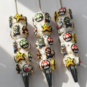 3D retro pixel game pattern DIY Beadable Pen, decorative cartoon handmade writing pen