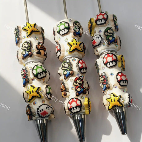 3D retro pixel game pattern DIY Beadable Pen, decorative cartoon handmade writing pen