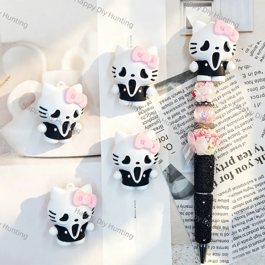 3D spooky bow‑accent ghost mask character pen toppers, silicone decorative tops for halloween handmade beadable pen projects