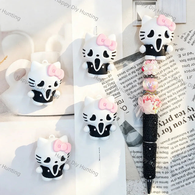3D spooky bow‑accent ghost mask character pen toppers, silicone decorative tops for halloween handmade beadable pen projects