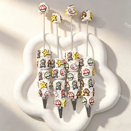 3D retro pixel game pattern DIY Beadable Pen, decorative cartoon handmade writing pen