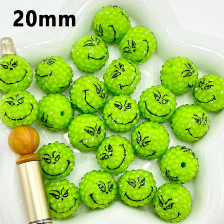 Vivid Green Character Face Christmas Clear Rhinestone Round Acrylic Beads 20mm