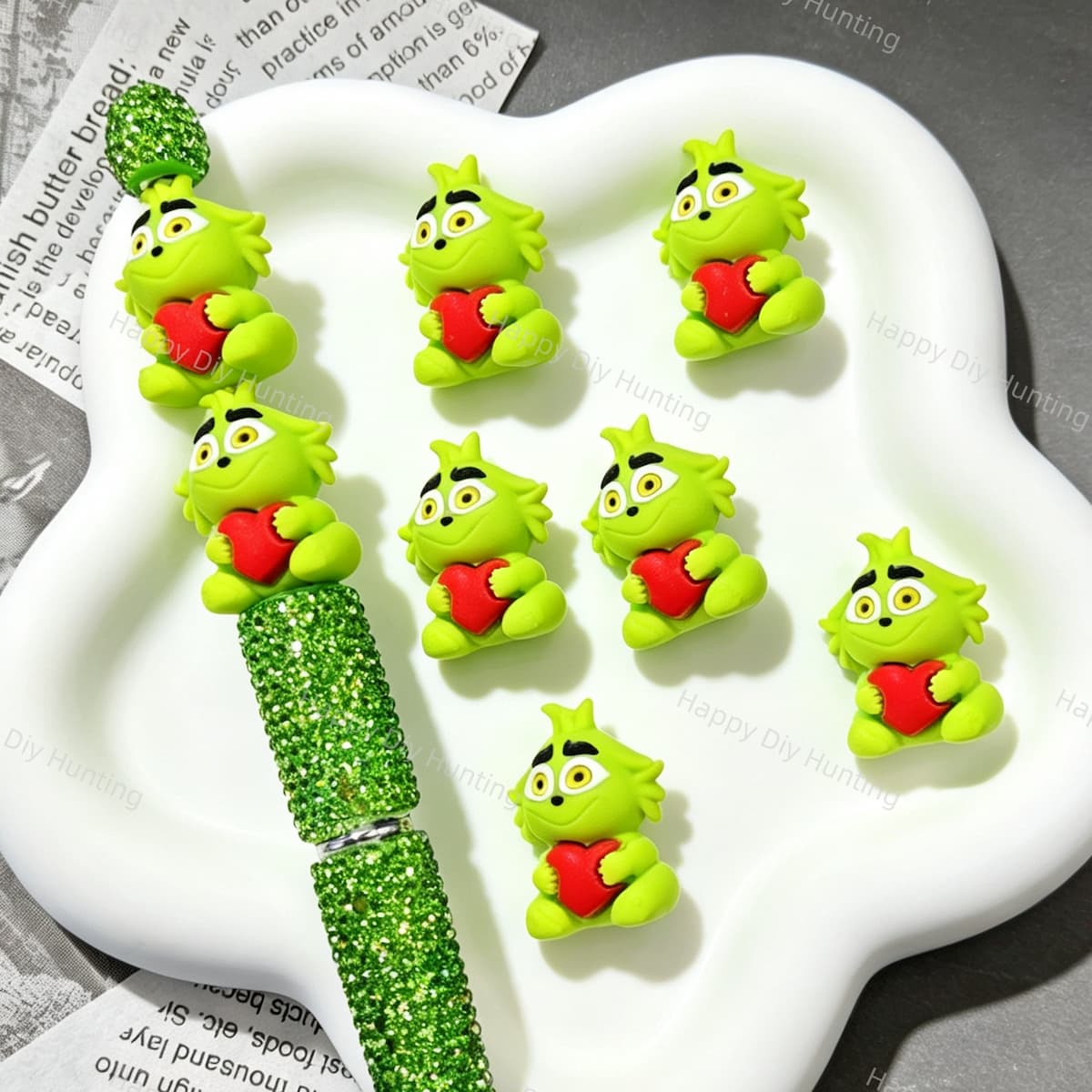 3D Heart Holding Green Figurine Silicone Focal Beads with red heart detail for handmade DIY craft making