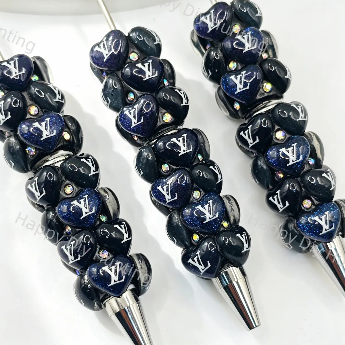 Black Luxury V*L Print Heart Beadable Pens Wholesale, Matches All Focal Beads & Pen Toppers
