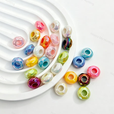 9mm faceted AB large hole acrylic spacer beads with a colorful iridescent finish. Lightweight, durable, and shiny, perfect for beadable pens, jewelry making, and handmade crafts.