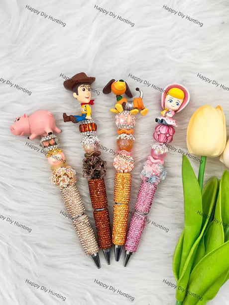 Green Space Alien Pen Topper Mounted on Complete Beadable Pen for Handmade Craft Showcase