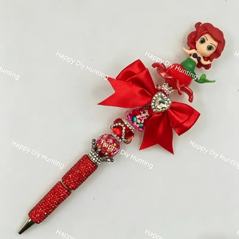 Ocean style premade bead pen with red hair Ariel mermaid princess figure, pearlescent beads, shiny crystal bling pen for DIY craft shops