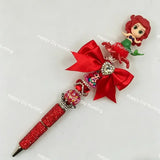Ocean style premade bead pen with red hair Ariel mermaid princess figure, pearlescent beads, shiny crystal bling pen for DIY craft shops
