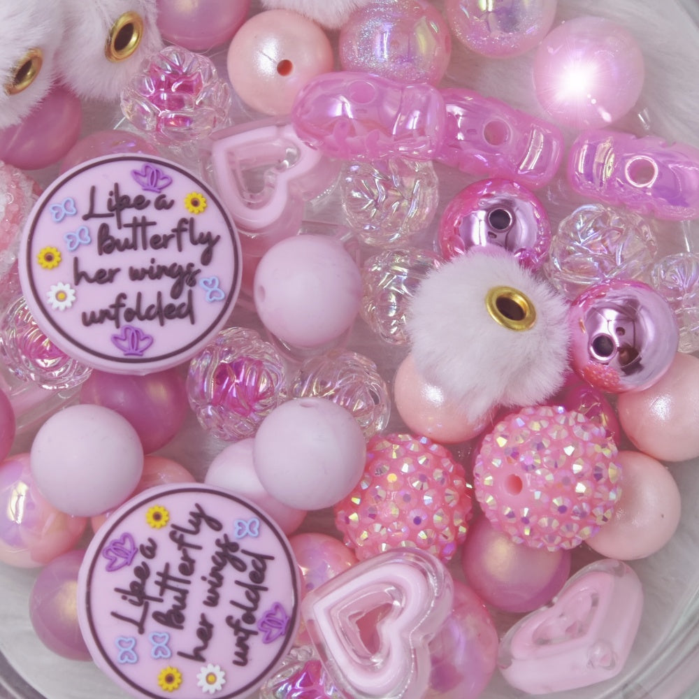 Assorted Beads  -  Light Pink Mix Beads with Like a  Butterfly Silicone Focals Beads