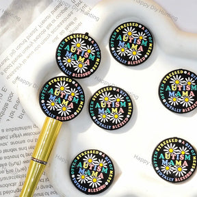 Black round daisy Autism Mama printed silicone focal beads for beadable pen diy handmade crafts wholesale