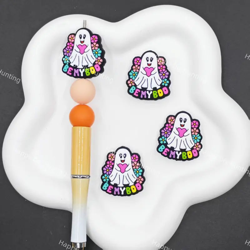 Be My Boo floral heart ghost silicone focal beads, cute Halloween cartoon silicone beads for DIY beadable pens and keychain craft supplies
