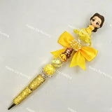 Yellow gown Belle princess handmade bead pen, floral rhinestone focal beads, crystal encrusted barrel, wholesale bulk craft beadable pen